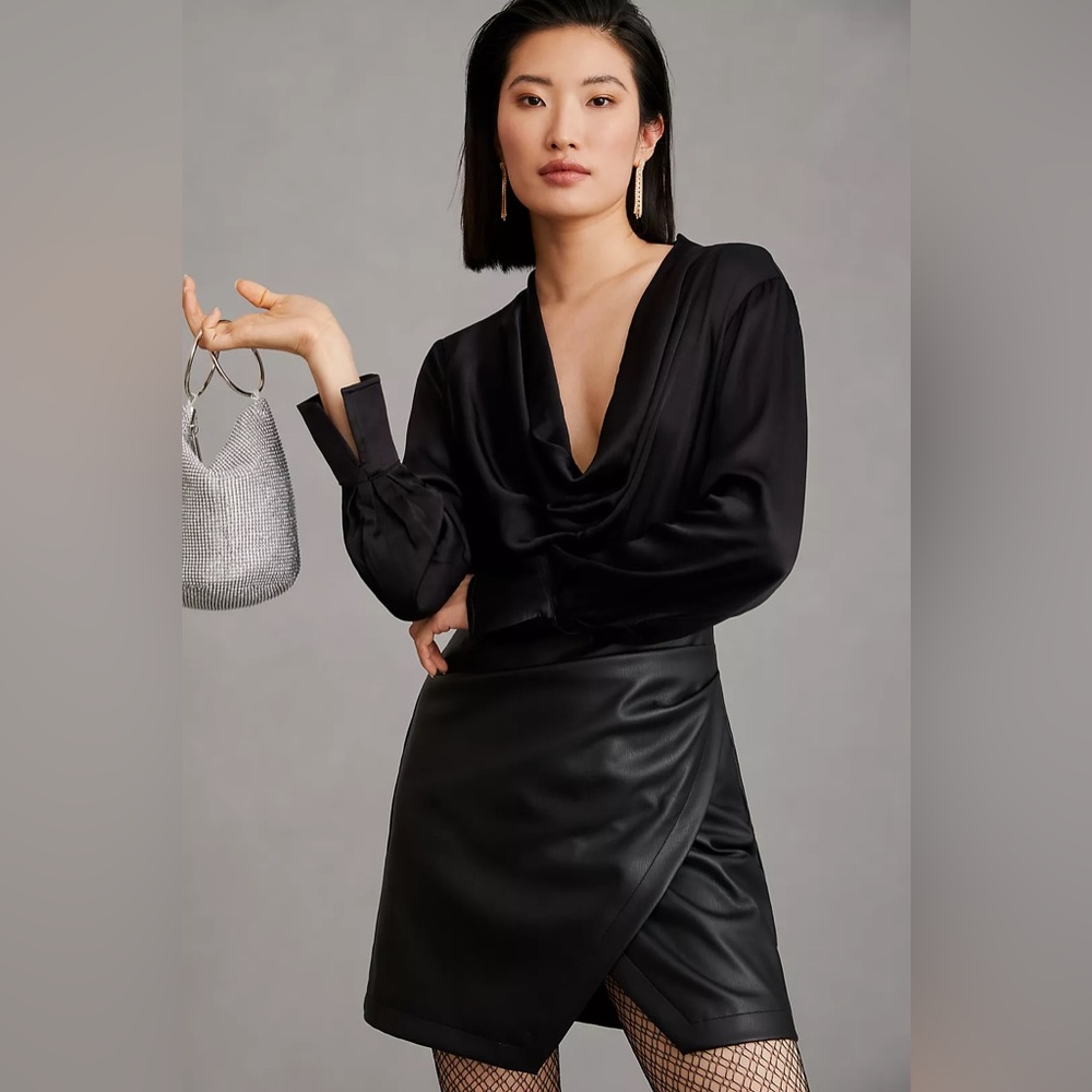 NWT Anthropologie Maeve Black Satin Plunge Faux Leather Dress size 14